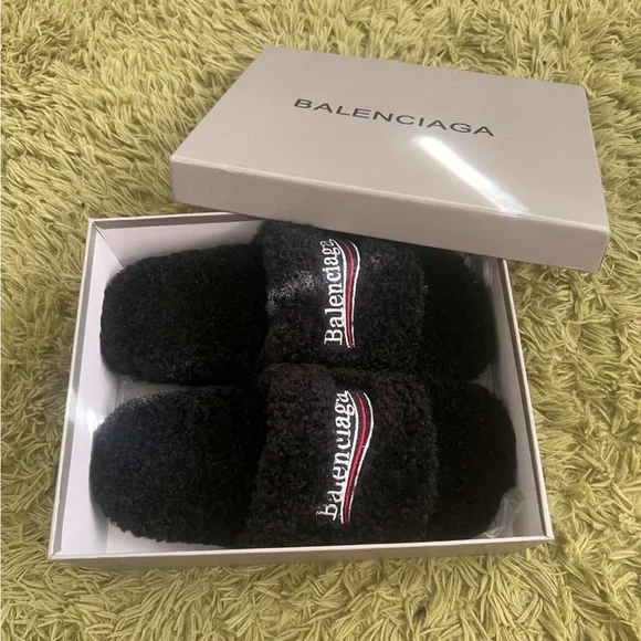 Black Balenciaga Fur Slides